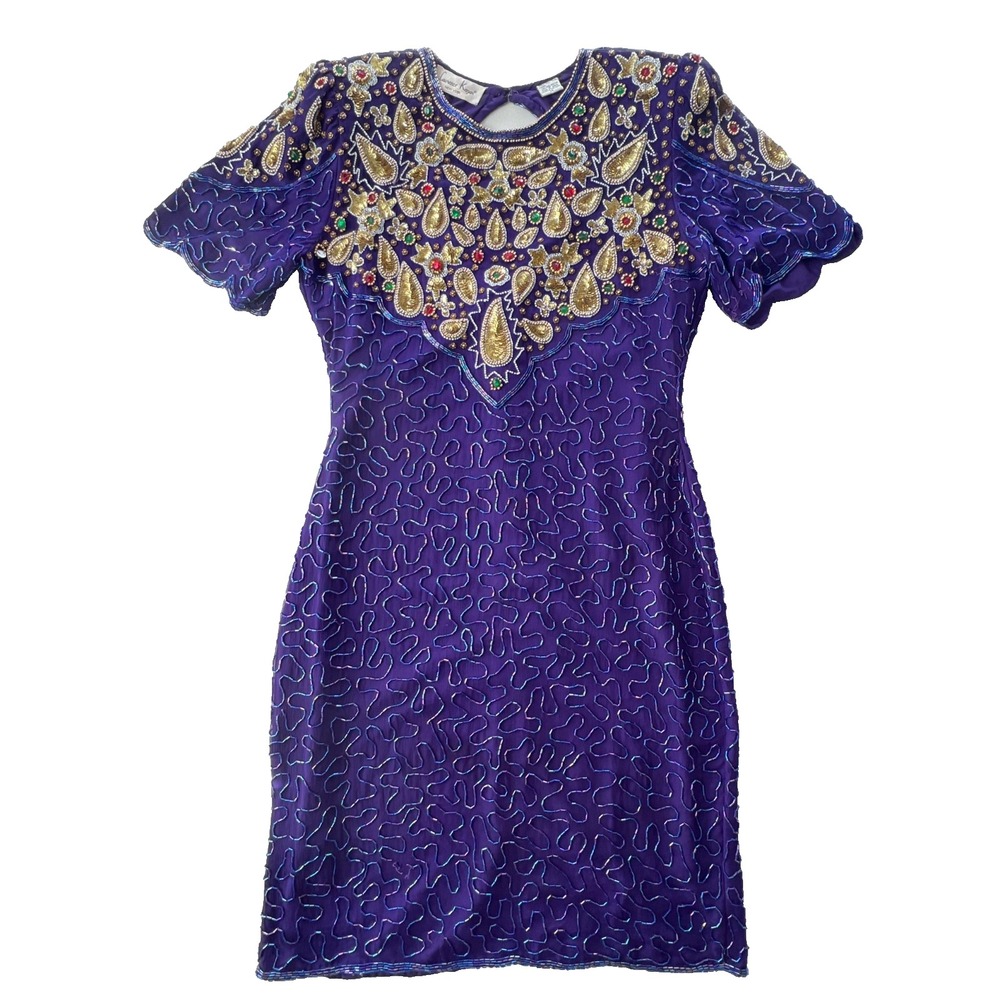 Laurence Kazar Dress Womens‎ M Silk Beaded Purple Sheath Rhinestone VTG Couture